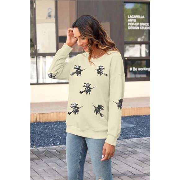Halloween Sweatshirt – Ghost & Sequin Witch Graphic Crewneck Pullover - Picture 1 of 4
